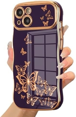 iPhone 13 case โทรศัพท์เด็กผู้หญิง กรอบคลื่นทรงโค้ง รูปแบบกระพริกผสมหรู ทอง TPU ป้องกันเลนส์