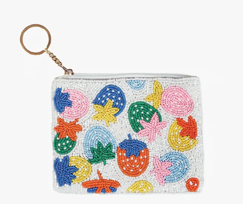 Ricki Beaded Coin Bag with Glass and Acrylic Beads Secure Zip Closure and Gold Tone Key Ring Compact Size for Everyday Carry