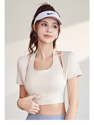 NEW รวดเร็วแห้ง PEACH HALTER TOP โยคะ สั้นแขน สั้นแขน สั้นแขน ด้วยหน้าอก Pad สั้นฟิตเนส เสื้อ T-Shirt กีฬา สั้นแขน