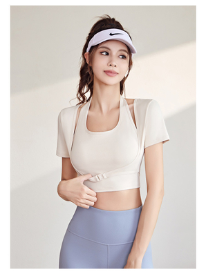 NEW รวดเร็วแห้ง PEACH HALTER TOP โยคะ สั้นแขน สั้นแขน สั้นแขน ด้วยหน้าอก Pad สั้นฟิตเนส เสื้อ T-Shirt กีฬา สั้นแขน
