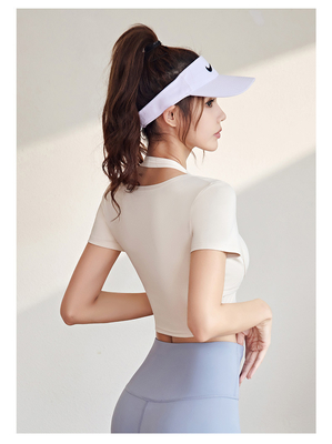 NEW รวดเร็วแห้ง PEACH HALTER TOP โยคะ สั้นแขน สั้นแขน สั้นแขน ด้วยหน้าอก Pad สั้นฟิตเนส เสื้อ T-Shirt กีฬา สั้นแขน