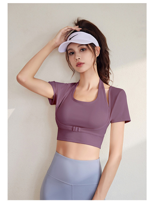 NEW รวดเร็วแห้ง PEACH HALTER TOP โยคะ สั้นแขน สั้นแขน สั้นแขน ด้วยหน้าอก Pad สั้นฟิตเนส เสื้อ T-Shirt กีฬา สั้นแขน