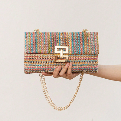 NEW HOLIDAY WIND MULTI-LAYER CHAIN CLAMSHELL LOCK STRAW BAG กระเป๋าสะพายไหล่ กระเป๋าข้ามชายแดน กระเป๋าผู้หญิง