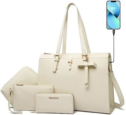 KEYLI 4PC SETS LAPTOP BAG FOR WOMEN LARGE LEATHER LAPTOP BRIEFCASE WITH USB CHARGING PORT คอมพิวเตอร์ไหล่ กระเป๋าเป้กระเป๋าสะพาย