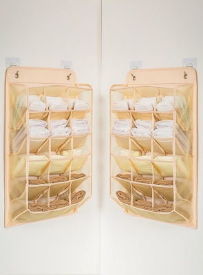 3D NEW DURABLE CLOTHET HANGING ORGANIZER พร้อมกระเป๋า 3D mesh รางผนัง กล่องเก็บของแขวน (BEIGE-2PACK)