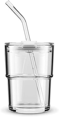 แก้วน้ํา 13oz/400ml กระปุกแก้ว, ถ้วยที่มีหญ้าและปิดปิด นําไปสําหรับกาแฟ, ชาน้ําแข็ง, ผนังหนาแก้วกันน้ํา