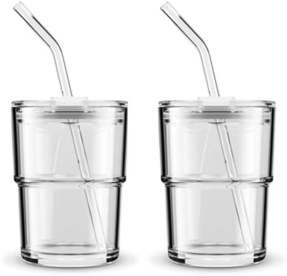 แก้วน้ํา 13oz/400ml กระปุกแก้ว, ถ้วยที่มีหญ้าและปิดปิด นําไปสําหรับกาแฟ, ชาน้ําแข็ง, ผนังหนาแก้วกันน้ํา