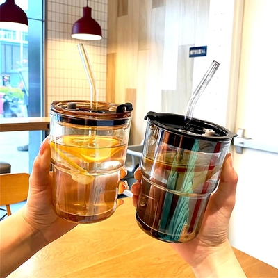 แก้วน้ํา 13oz/400ml กระปุกแก้ว, ถ้วยที่มีหญ้าและปิดปิด นําไปสําหรับกาแฟ, ชาน้ําแข็ง, ผนังหนาแก้วกันน้ํา