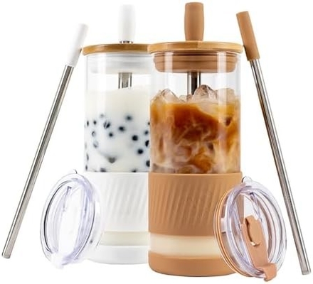 ถ้วยแก้วที่มีฝาปิดและถ่อ -20 Fl Oz- ขนาดที่สมบูรณ์แบบ ถ้วยกาแฟแข็ง - ถ้วยสมิธี้ที่มีไม้ยาง