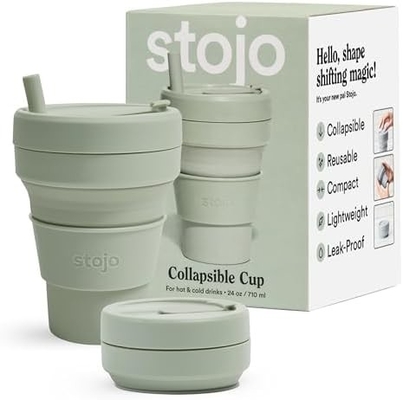 ถ้วยท่องเที่ยวพับ - สีเขียว Sage, 12oz / 355ml - ป้องกันการรั่ว ถ้วยซิลิโคนขนาดกระเป๋า