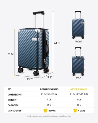 พกกระเป๋าเดินทาง 22x14x9 สายการบินได้รับอนุมัติ - กระเป๋าเดินทางกระเป๋ากระเป๋าแข็งพอลิการ์บอเนตขนาดขยายได้ 35 ลิตร