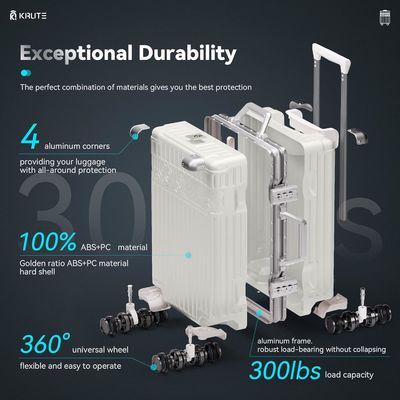 กระเป๋าเดินทางแบบไม่มีซิป 4 ล้อ ขนาด 20 นิ้ว, กระเป๋าเดินทางแบบแข็งพร้อม PC+ABS, ล็อค TSA, มุมโลหะ 4 อัน, สีขาว