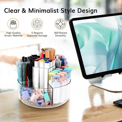 5 สล็อต 360 องศาหมุน Acrylic Pen Holder สําหรับโต๊ะ, ตัวถือเครื่องหมาย Caddy Art Supply Organizer Pen Organizer สําหรับโต๊ะ