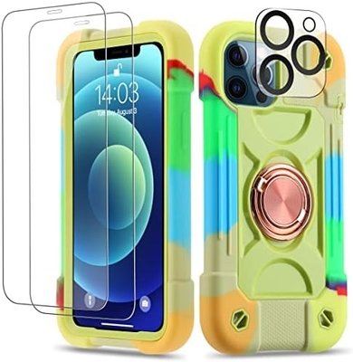 iPhone 12 Pro Max Case 6.7&quot; - กันกระแทกแบบหนัก, รองเท้าแหวน, หน้าจอกระจก &amp; ตัวป้องกันเลนส์กล้อง (สีชมพูสายรุ้ง)