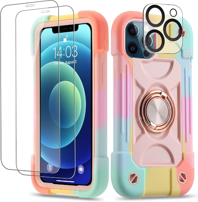 iPhone 12 Pro Max Case 6.7&quot; - กันกระแทกแบบหนัก, รองเท้าแหวน, หน้าจอกระจก &amp; ตัวป้องกันเลนส์กล้อง (สีชมพูสายรุ้ง)