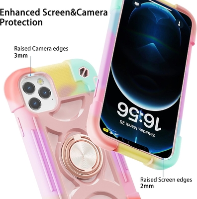 iPhone 12 Pro Max Case 6.7&quot; - กันกระแทกแบบหนัก, รองเท้าแหวน, หน้าจอกระจก &amp; ตัวป้องกันเลนส์กล้อง (สีชมพูสายรุ้ง)