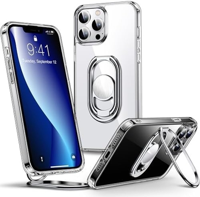 ปรางขึ้นสําหรับ iPhone 12 Pro Max Case ด้วยสแตนด์ โทรศัพท์ Case Clear กับตัวถือแหวนคู่ [ปรับและพับได้]