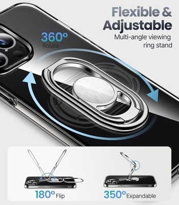 ปรางขึ้นสําหรับ iPhone 12 Pro Max Case ด้วยสแตนด์ โทรศัพท์ Case Clear กับตัวถือแหวนคู่ [ปรับและพับได้]
