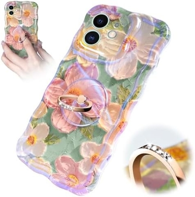 กรอบ iPhone 12 Pro Max แหวน, ลายน้ํามัน ดอกไม้สีสัน retro ดอกไม้น่ารัก รอบคลุมคลื่นทรงกลม