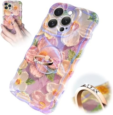 กรอบ iPhone 12 Pro Max แหวน, ลายน้ํามัน ดอกไม้สีสัน retro ดอกไม้น่ารัก รอบคลุมคลื่นทรงกลม
