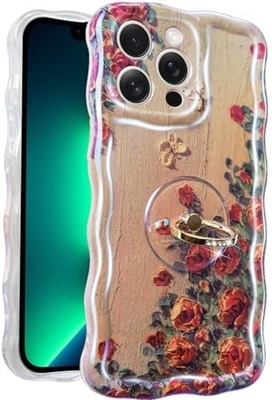 กรอบ iPhone 12 Pro Max แหวน, ลายน้ํามัน ดอกไม้สีสัน retro ดอกไม้น่ารัก รอบคลุมคลื่นทรงกลม