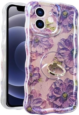 กรอบ iPhone 12 Pro Max แหวน, ลายน้ํามัน ดอกไม้สีสัน retro ดอกไม้น่ารัก รอบคลุมคลื่นทรงกลม