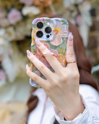 กรอบ iPhone 12 Pro Max แหวน, ลายน้ํามัน ดอกไม้สีสัน retro ดอกไม้น่ารัก รอบคลุมคลื่นทรงกลม