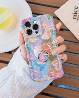 กรอบ iPhone 12 Pro Max แหวน, ลายน้ํามัน ดอกไม้สีสัน retro ดอกไม้น่ารัก รอบคลุมคลื่นทรงกลม