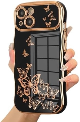 iPhone 13 case โทรศัพท์เด็กผู้หญิง กรอบคลื่นทรงโค้ง รูปแบบกระพริกผสมหรู ทอง TPU ป้องกันเลนส์