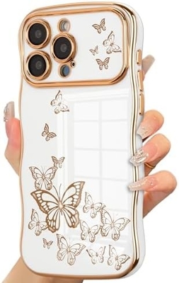 iPhone 13 case โทรศัพท์เด็กผู้หญิง กรอบคลื่นทรงโค้ง รูปแบบกระพริกผสมหรู ทอง TPU ป้องกันเลนส์