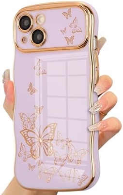 iPhone 13 case โทรศัพท์เด็กผู้หญิง กรอบคลื่นทรงโค้ง รูปแบบกระพริกผสมหรู ทอง TPU ป้องกันเลนส์