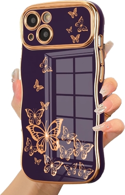 iPhone 13 case โทรศัพท์เด็กผู้หญิง กรอบคลื่นทรงโค้ง รูปแบบกระพริกผสมหรู ทอง TPU ป้องกันเลนส์