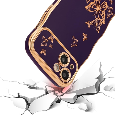 iPhone 13 case โทรศัพท์เด็กผู้หญิง กรอบคลื่นทรงโค้ง รูปแบบกระพริกผสมหรู ทอง TPU ป้องกันเลนส์