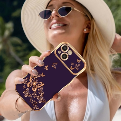 iPhone 13 case โทรศัพท์เด็กผู้หญิง กรอบคลื่นทรงโค้ง รูปแบบกระพริกผสมหรู ทอง TPU ป้องกันเลนส์