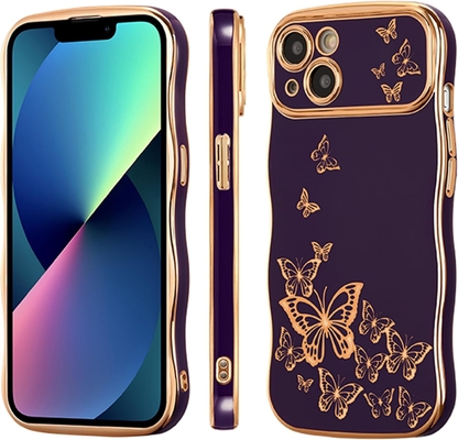 iPhone 13 case โทรศัพท์เด็กผู้หญิง กรอบคลื่นทรงโค้ง รูปแบบกระพริกผสมหรู ทอง TPU ป้องกันเลนส์