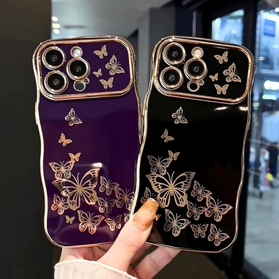 iPhone 13 case โทรศัพท์เด็กผู้หญิง กรอบคลื่นทรงโค้ง รูปแบบกระพริกผสมหรู ทอง TPU ป้องกันเลนส์