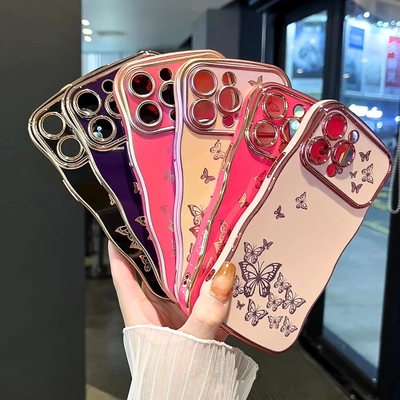 iPhone 13 case โทรศัพท์เด็กผู้หญิง กรอบคลื่นทรงโค้ง รูปแบบกระพริกผสมหรู ทอง TPU ป้องกันเลนส์