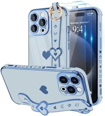 iPhone 12 Pro Cute Love-Heart Plating Strap Cover for Women Girls Bling ซิลิโคน กล้องเลนส์ ป้องกัน