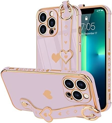 iPhone 12 Pro Cute Love-Heart Plating Strap Cover for Women Girls Bling ซิลิโคน กล้องเลนส์ ป้องกัน