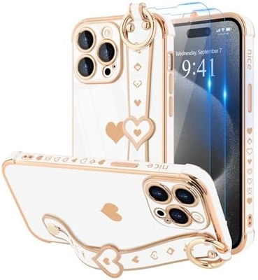 iPhone 12 Pro Cute Love-Heart Plating Strap Cover for Women Girls Bling ซิลิโคน กล้องเลนส์ ป้องกัน