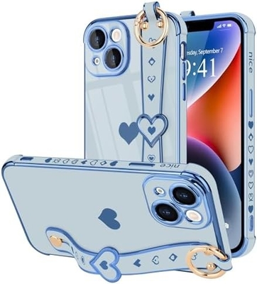 iPhone 12 Pro Cute Love-Heart Plating Strap Cover for Women Girls Bling ซิลิโคน กล้องเลนส์ ป้องกัน
