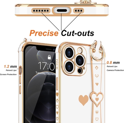 iPhone 12 Pro Cute Love-Heart Plating Strap Cover for Women Girls Bling ซิลิโคน กล้องเลนส์ ป้องกัน
