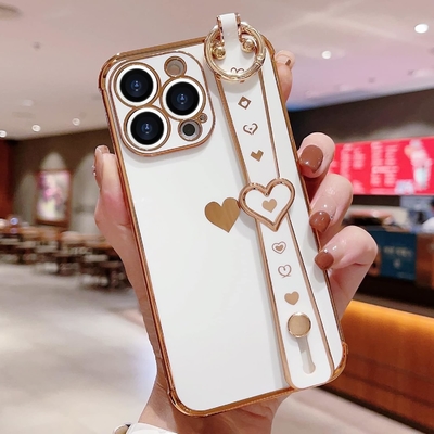 iPhone 12 Pro Cute Love-Heart Plating Strap Cover for Women Girls Bling ซิลิโคน กล้องเลนส์ ป้องกัน
