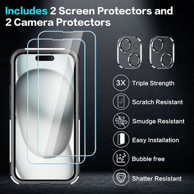 [5ใน 1 สําหรับ iphone 15 Plus กรุงเทพมหานคร,พร้อมกับ 2 แพ็ค Screen Protector + 2 แพ็ค Camera Lens Protector, Heavy-Duty ทนทาน