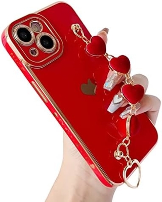 สําหรับ iPhone 12 Pro Max Case,Cute Plating Love Heart Wrist Strap Chain Bracelet Soft รองรับกับ