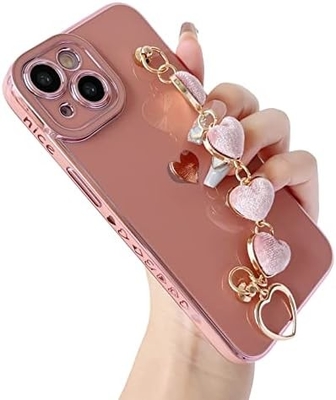สําหรับ iPhone 12 Pro Max Case,Cute Plating Love Heart Wrist Strap Chain Bracelet Soft รองรับกับ