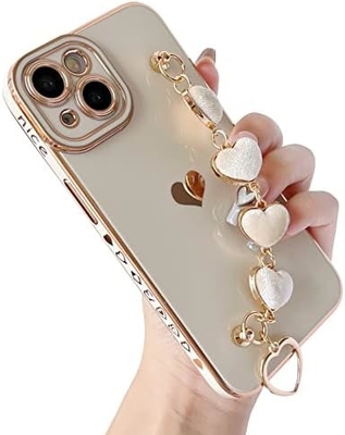 สําหรับ iPhone 12 Pro Max Case,Cute Plating Love Heart Wrist Strap Chain Bracelet Soft รองรับกับ