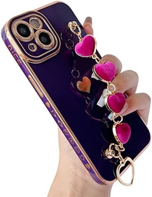 สําหรับ iPhone 12 Pro Max Case,Cute Plating Love Heart Wrist Strap Chain Bracelet Soft รองรับกับ