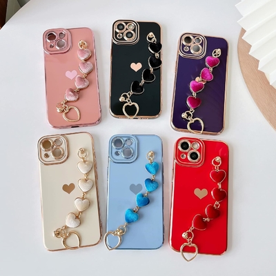 สําหรับ iPhone 12 Pro Max Case,Cute Plating Love Heart Wrist Strap Chain Bracelet Soft รองรับกับ