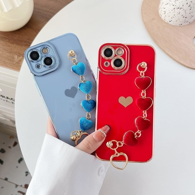 สําหรับ iPhone 12 Pro Max Case,Cute Plating Love Heart Wrist Strap Chain Bracelet Soft รองรับกับ
